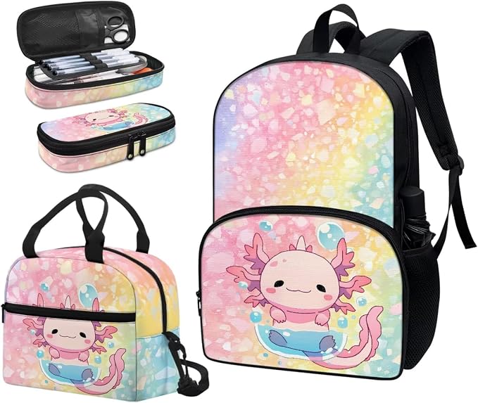 Rainbow Axolotl Backpacks for Kids, Girls Backpack School Bookbags with Insulated Lunch Box Pencil Case 3 in 1, Lightweight Sports Backpack - Image 6