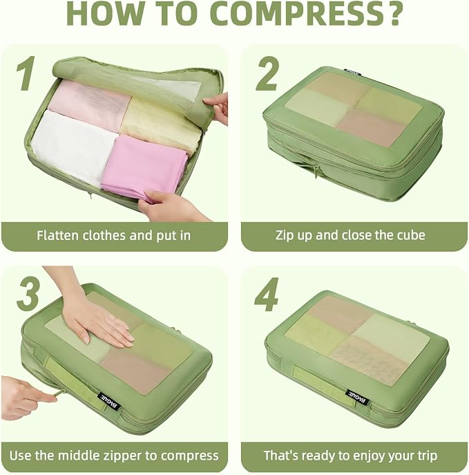 BAGAIL 4 Set/6 Set/8 Set Compression Packing Cubes Travel Accessories Expandable Packing Organizers (Square Mesh, 06-Matcha Green) - Image 4