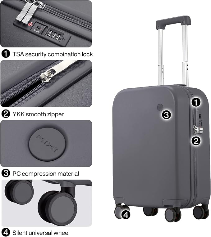 mixi Carry on Luggage, 20'' Suitcase Spinner Wheels Luggage Hardshell Lightweight Rolling Suitcases PC with Cover & TSA Lock for Business Travel, Rock Gray - Image 4