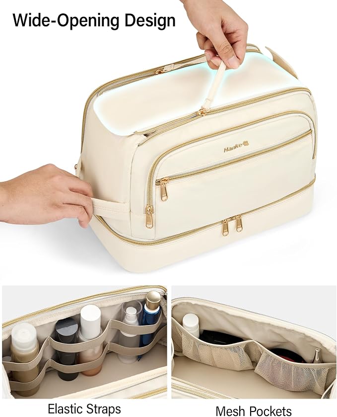 Hanke Travel Toiletry Bag, Lightweight Wide-open Makeup Bag, Dual-Layer Travel Bag for Toiletries Water-Resistant Cosmetic Bags Large Toiletry Bags for Women & Men, Travel Essentials, Off White - Image 2