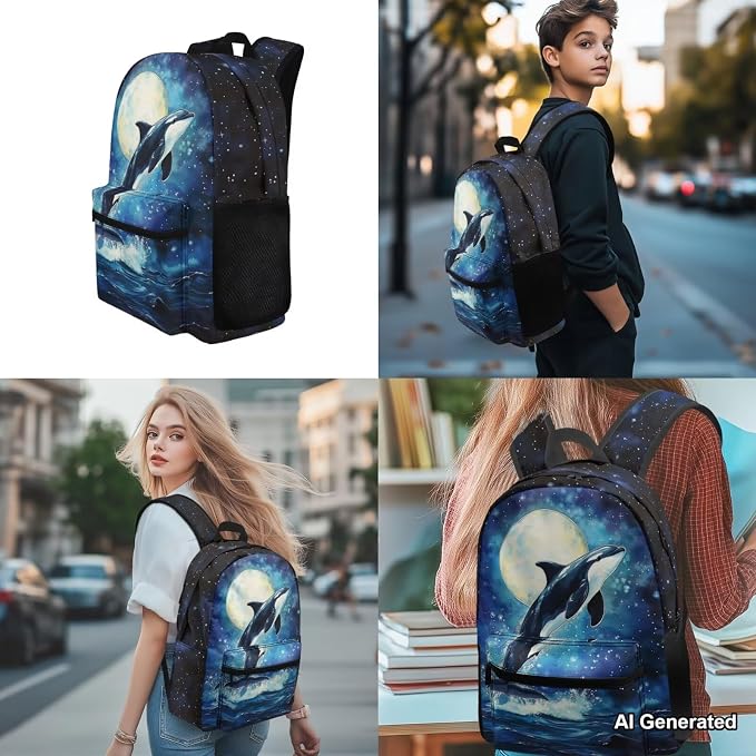 Moonlight Killer Whale Backpacks for Girls 10-12 Lightweight Boys Backpack and Lunch Box Set 4 Piece Back to School Essentials for Teen Kids Age 8-10 Travel Sport Bookbag Back Pack - Image 4