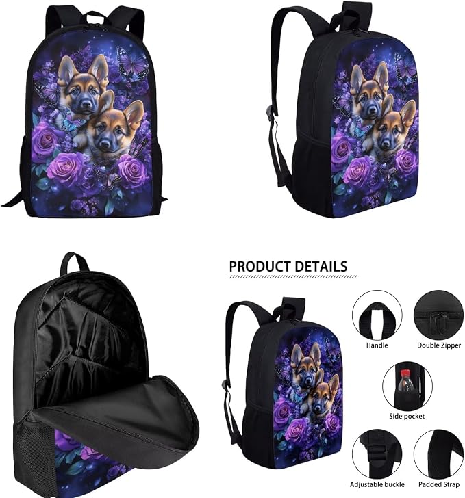 Custom German Shepherd Backpack with Lunch Box Kids Girls 6-8/8-10 Butterfly Personalized Bookbag for 1st Grade Rose Elementary School Back Pack Lunchbox Pencil Case Water Bottle Holder - Image 2