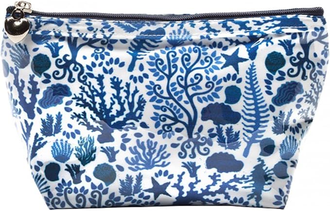 Jacaranda Living Small Cosmetic Bag - Water-Resistant, PVC-Lined, Compact & Travel Ready Make Up Bag, Easy to Clean - Blue Seashells by JacarandaLiving