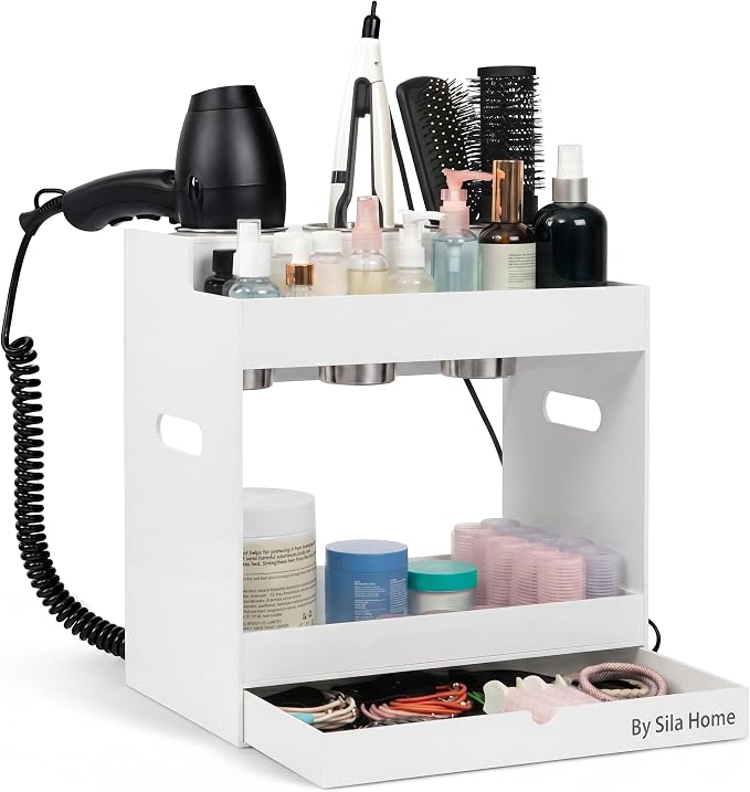 Hair Tool Organizer Countertop Extra Wide Bay | Bathroom & Hot Tools Organizer For Hair | Hairdryer Holder For Bathroom Vanity | Hot Tools Storage for Curling Iron Straightener, 3 Stainless Cups White by Unknown
