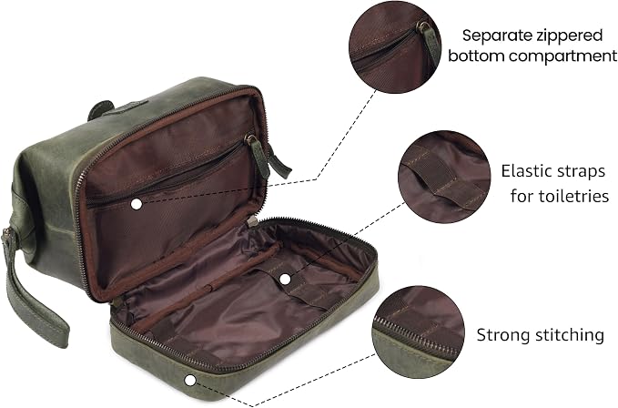 LEATHER VILLAGE Genuine Leather Dopp Kit – Large Travel Toiletry Bag with Waterproof Lining, Dual-Zip Design for Men & Women, Organizer for Shaving, Makeup & Essentials - Olive - Image 2