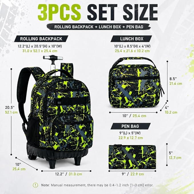 3Pcs Rolling Backpack for Boys, Men Roller Bag with Wheels for Adults, 19 Inche Graffiti Wheeled Bookbag with Lunch Box(Green) - Image 4