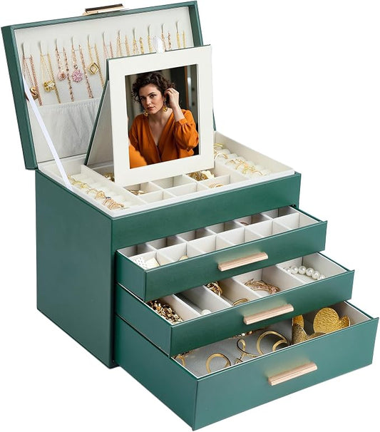 BOOVO Jewelry Boxes for Women, White and Black 6 Layer Large Jewelry Box for Necklace, Bracelet, Earrings, Rings Storage, Jewelry holder Organizer for Girls Gift (Green, 5 Layer) by BOOVO