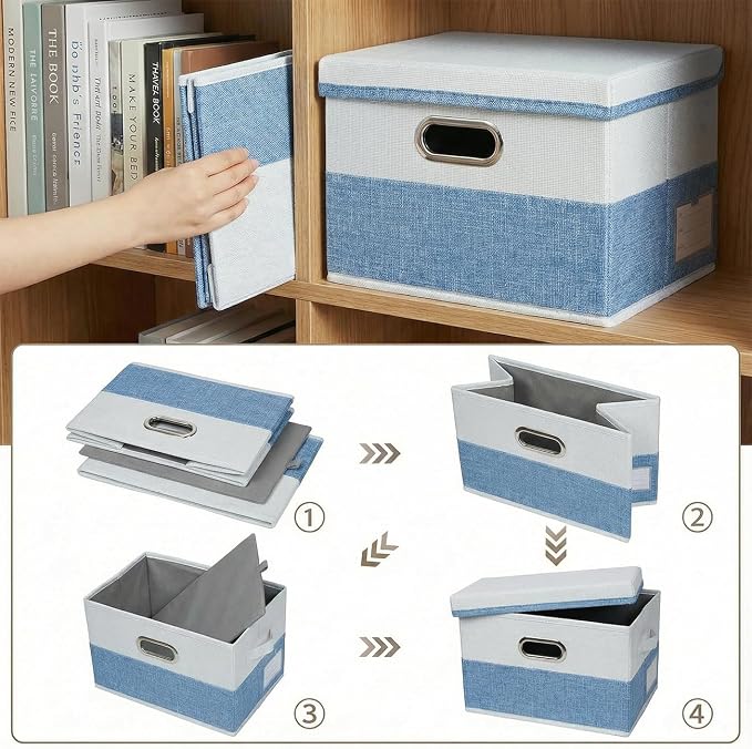 PRANDOM Storage Bins with Lids [3-Pack] Linen Fabric Foldable Storage Boxes Organizer Containers Baskets Cube with Cover for Bedroom Closet Office Blue&White（11.4X8.6X6.7 - Image 5