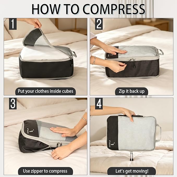 AiQInu Packing Cubes Compression, Pack of 6 Packing Bags, Compression Suitcase Organiser Set with Laundry Bag and Drawstring Bag, Expandable, Travel Pack Organiser for Hand Luggage - Image 3
