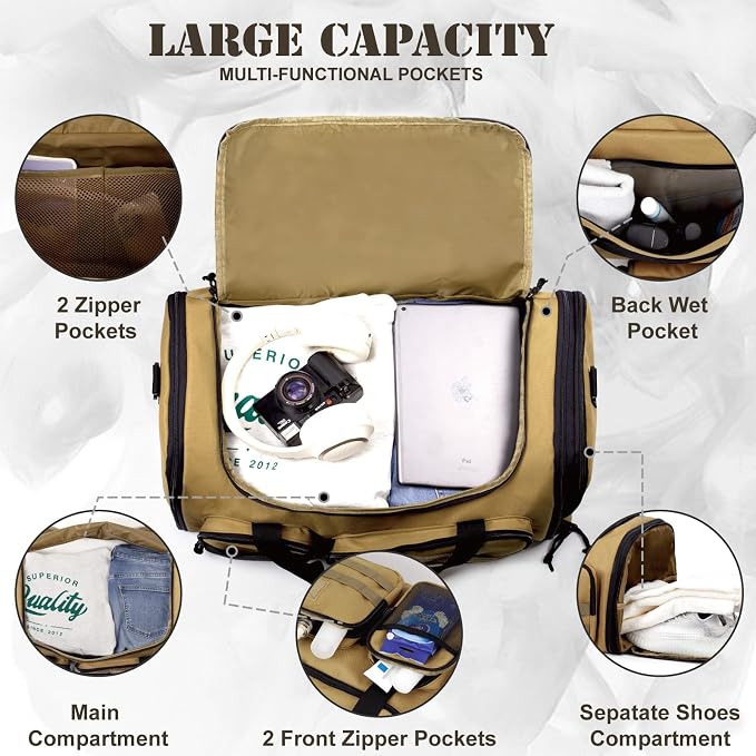 Tactical Duffle Bag For Travel Expandable 52L Large Duffle Bag For Men Gym Duffel With Wet Pocket Multi-Functional Carry On Bags Weekender Overnight Bag Organizer Duffel Bag For Travel - Image 3