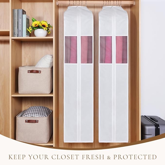 Univivi Premium Cotton Garment Bags for Hanging Clothes and Storage, 60 Inch Washable Dress Bags for Gowns Long, Full Zipper Dust Cover with Extra Large 10" Gusset & Clear Window - 4 Pack - Image 3