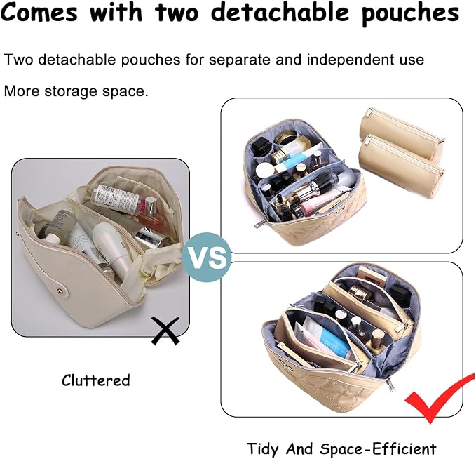BOYATU Travel Makeup Bags for Women Cosmetic Bag: Puffy Make up Bags Set of 3 - Vegan Leather Makeup Organizer - Waterproof Large Toiletry Bag with Compartments - Travel Essentials (H-2-Khaki) - Image 6