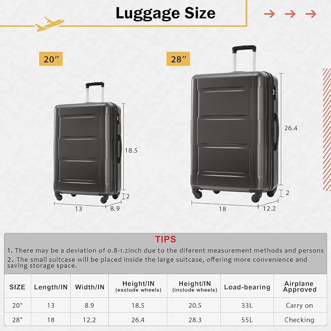 Merax Luggage Set 2 Piece Suitcase Sets with Spinner Wheel,Lightweight Hardside Expandable Travel Laggage with TSA Lock,Suitcase with Travel Bag(20"/28",Dark Gray) - Image 4