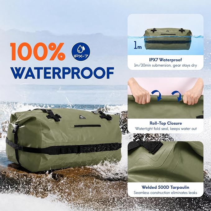 Haimont IPX7 Waterproof Roll-Top Dry Duffel Backpack | 60L/90L Sizes, 500D Tarpaulin, Welded Seams, Mesh Pockets, Boating & Kayaking - Image 2
