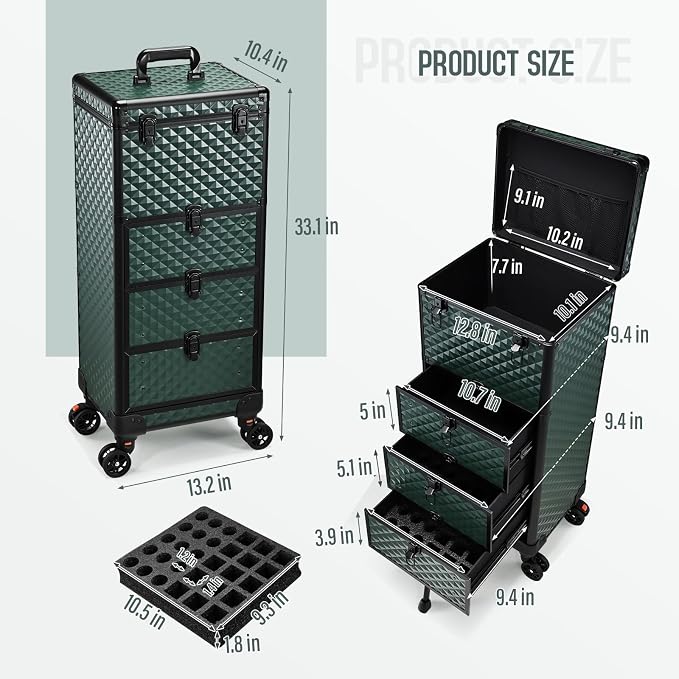 Yueieoun Nail Trolley Cart with 3 Drawers, Salon Station Cosmetology Case on Wheels Rolling Makeup Train Case Nail Case Organizer Beauty Salon Travel Case for Nailart,SPA,Hairstylist,Artist,Dark Green - Image 7