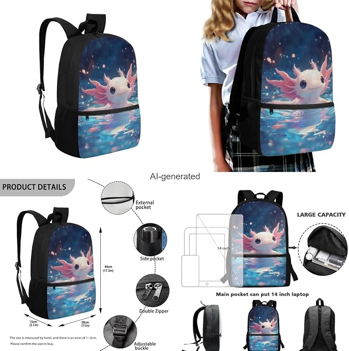 Axolotl Backpack for Girls Kids Backpack with Lunch Box Water Bottle Bag and Soft Pencil Case 4PCS Set Lightweight Bookbag with Front Pocket for School 17" Sturdy School Bag with Side Pocket - Image 3