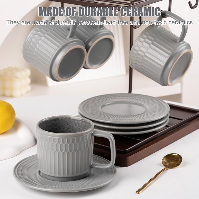 8oz Cappuccino Cups with Saucers Set of 4, 8 Ounce Stackable Embossed Ceramic Coffee Mugs for Specialty Coffee Drinks, Latte Mugs, Cafe Mocha and Tea, Dishwasher & Microwave Safe (Grey) - Image 3