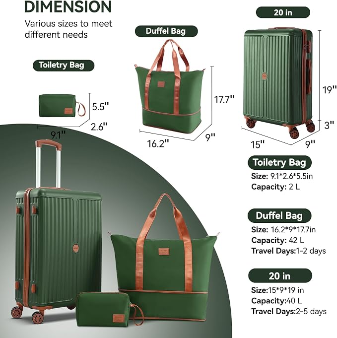 Hoteel Luggage Sets 3 Piece ABS+PC Hardside, 4-Year Warranty, Luggage Set with Spinner Wheels, TSA Lock, Lightweight Carry on Luggage, 20" Suitcase with Duffel & Organizer, Dark Green - Image 7