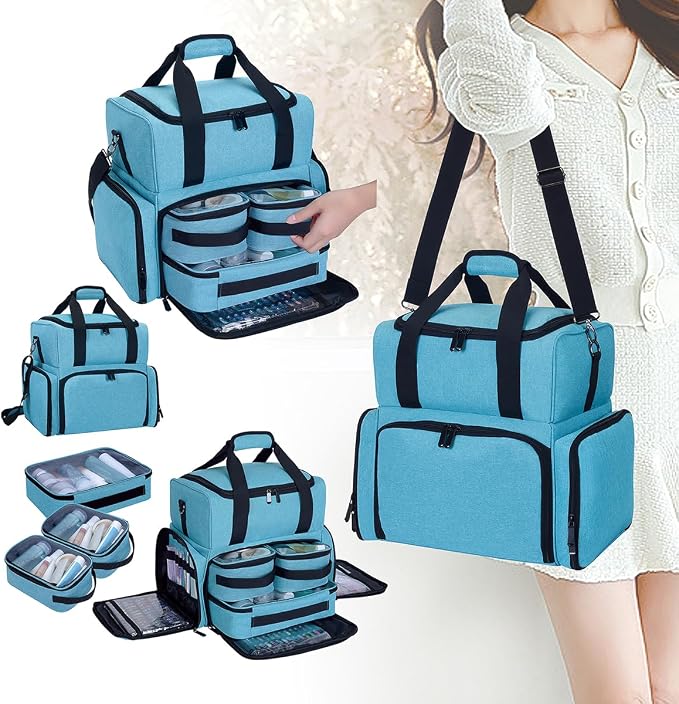 Large Makeup Bag Double Layer with 3 Removable Case.Lake Green | Large Makeup Bag with 3 Removable Case and 2 Removable Dividers Double Layer Travel Cosmetic Makeup Brushes Storage Section - Image 8