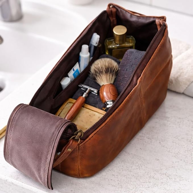 Rajeriya Premium Buffalo Leather Toiletry Bag for Men & Women With Water resistant Lining, Cosmetic Bags,Grooming Travel Pouch, Unisex Wash Bag for Toiletries, Gifts for Men and Women - Image 6