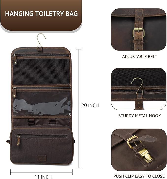 LEATHER VILLAGE Hanging Genuine Leather Toiletry Bag for Men & Women with Waterproof Lining – Handcrafted Vintage Travel Dopp Kit, Shaving Organizer & Shower Bathroom Essentials Case - Brown - Image 2