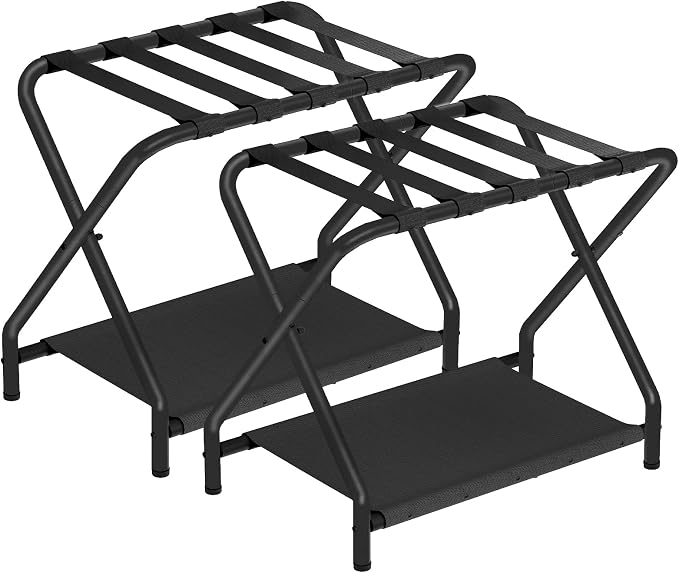 HOOBRO Luggage Rack, Pack of 2, Folding Suitcase Stand with Fabric Storage Shelf for Guest Room, Bedroom, Hotel, Holds up to 100 lb, 27 x 15.3 x 22 Inches, Space Saving, Black BK04XLP201 by HOOBRO