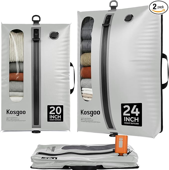 Vacuum Seal Bags for Travel with Pump, Light Grey, 20+24 | Reusable Nylon, Compression Packing Cubes, Space Saving for Carry-On Checked Suitcase & Backpack, Odor & Waterproof, 2 Pcs by KOSGOO