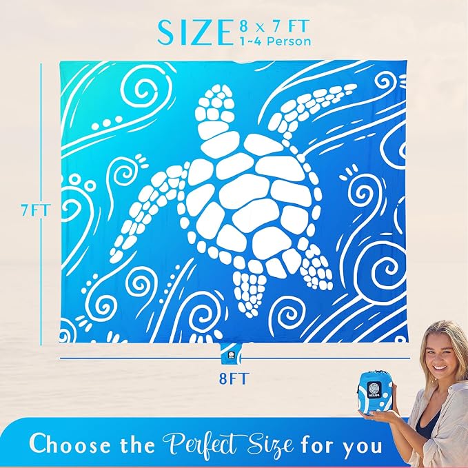 WEKAPO Beach Blanket Waterproof Sandproof Oversized Extra Large Sand Free Beach Mat with Stakes, Storage Bag - Essentials for Outdoor Beach, Picnic (Gradient Blue Sea Turtle, 8 X 7 FT (1~4 Person)) - Image 3