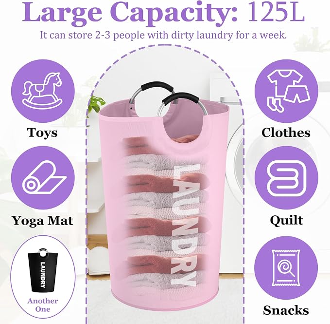 125L Laundry Hamper 2Pcs, Large Laundry Basket with Reinforced Handle, 600D Oxford Cloth Dirty Clothes Hamper, Foldable Washing Bin for Bedroom, Bathroom, Livingroom, Black + Pink - Image 6