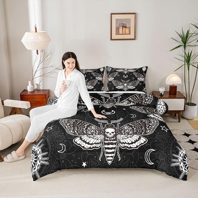 Erosebridal Gothic Boho Comforter Set - Twin Skull Moth Bedding Set with Skeleton Bones Mandala Duvet Sets for Halloween Bedroom Decor (1 Comforter + 1 Pillowcase) - Image 3