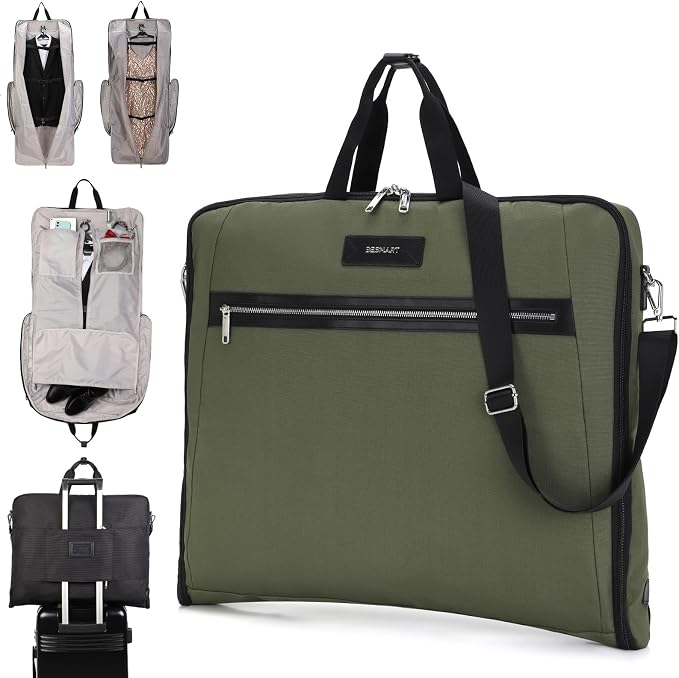 BESMART Garment Bags for Travel, 51" Large Suit Bag for Business Trips | Waterproof,Hangs 3 Suits,Foldable,Wrinkle Free Spacious Luggage Suit Cover,Adjustable Strap,Carry On Flight Approved,Green by BESMART--Establishedin1992