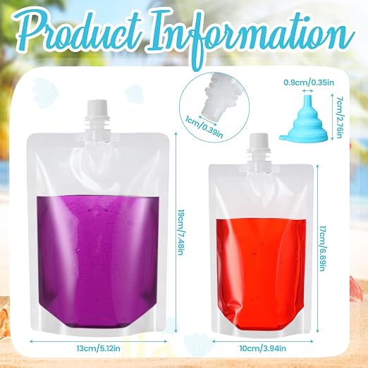 Patelai 150 Pieces Plastic Liquid Pouch Reusable Juice Pouches Travel Water Leak Proof Bags Bulk with Collapsible Silicone Funnel for Travel Outdoor (8 Oz,16 oz) - Image 4