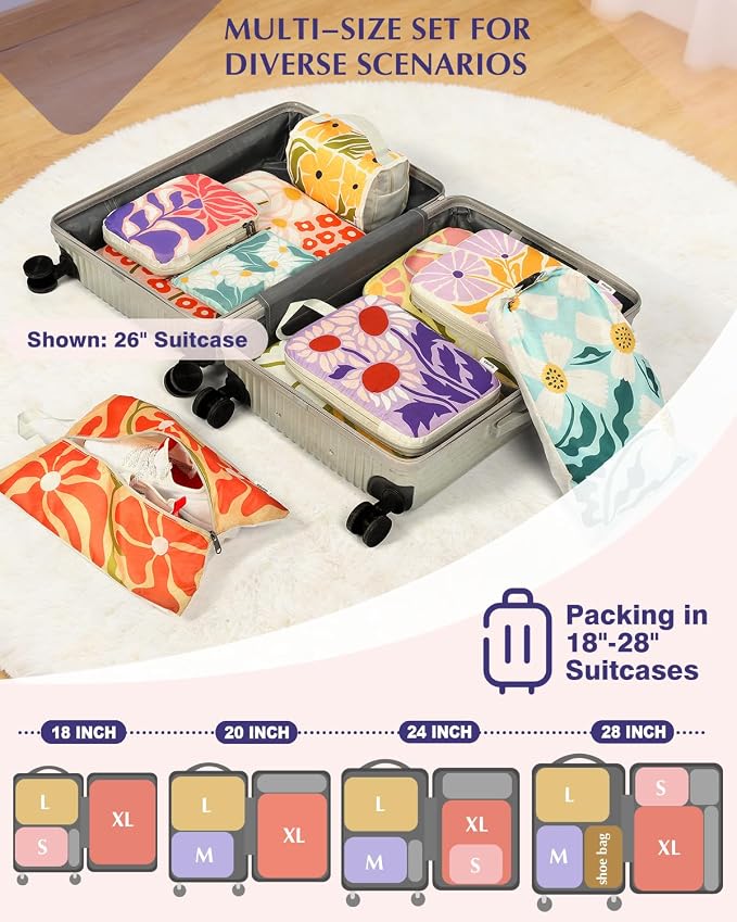 Gonex Compression Packing Cubes, 10pcs Expandable Storage Travel Luggage Bags Organizers with Hanging Toiletry Bag Laundry Bag Shoe Bag Accessories Bag, Travel Cubes for Suitcase Carry On (Flowers) - Image 5