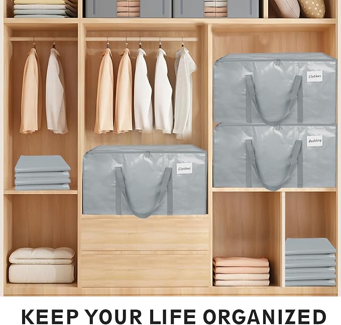 12 Pack-Extra Large Heavy Duty Moving Bags - Waterproof Storage Totes with Handles & Zippers, Foldable for College Dorm, Storage (light gray) - Image 5