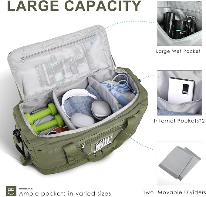 Travel Bag for Men Women, Gym Bag & Tactical Duffle Bags for Travel, Carry on with Toiletry Bag and Shoe Compartment, Weekender Overnight Trip with Wet Pocket for Workout Medical, Green - Image 2