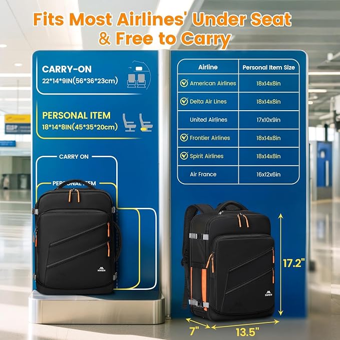 MATEIN Personal Item Backpack, Carryon Bag with Detachable Shoe Compartment | 18×14×8, Airline Approved, Underseat Backpack, Electronics Case, Lightweight Luggage Bag for Frontier Airline, Fit 17" Laptop - Image 2