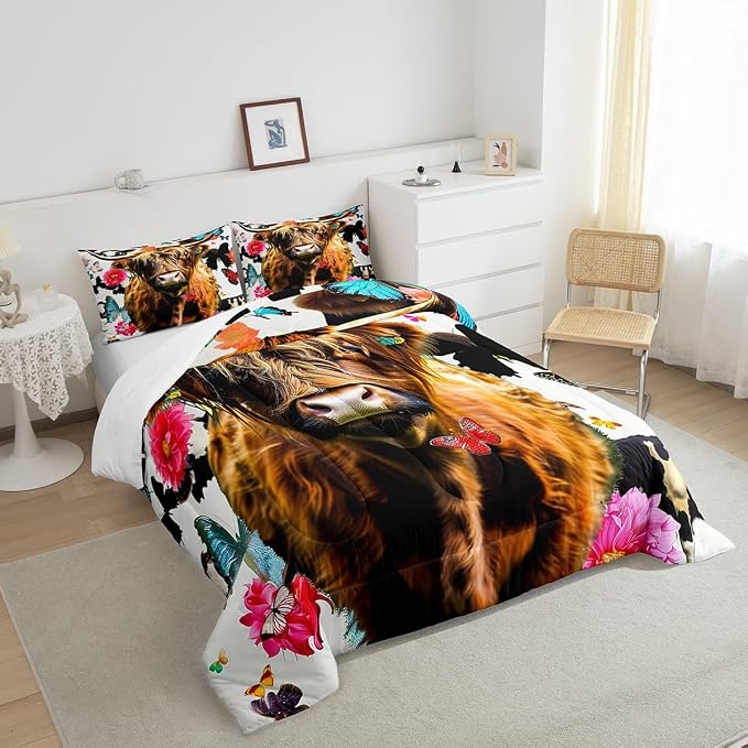 Erosebridal Highland Cattle Comforter Set Twin Size, Kids Cow Bull Cattle Bedding Set Butterfly Flower Down Comforter for Boys Girls Teens Western Cowboy Farm Animal Duvet Sets Bedroom Decor - Image 4