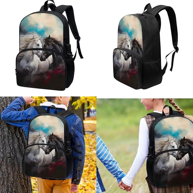 Elementary School Bags Cool Horse Backpack Kids School Bookbags with Insulated Lunch Tote Pencil Pouch 3 Pieces Set Back to School Backpack Schoolbag Set for Kids - Image 2