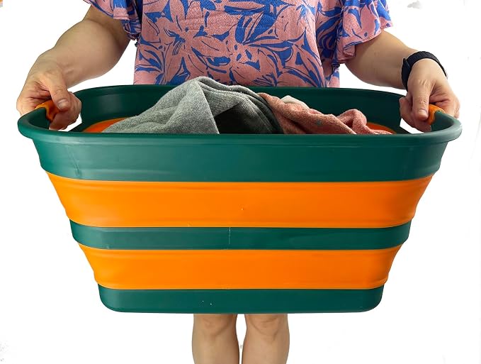 SAMMART Collapsible Plastic Laundry Basket with Handle/Foldable Pop Up Storage Hamper/Portable Laundry Organizer-Space Saving Washing Tub/Household Storage (Teal Green/Autumn leaf, 27L) - Image 7