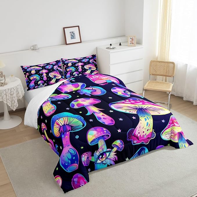 Mushroom Comforter Set King,Kawaii Trippy Botanical Bedding Set Psychedelic Plant Down Comforter for Kids Girls Teens Women Cartoon Cute Mushroom Room Decor Quilt Duvet Set with 2 Pillow Cases Black - Image 4