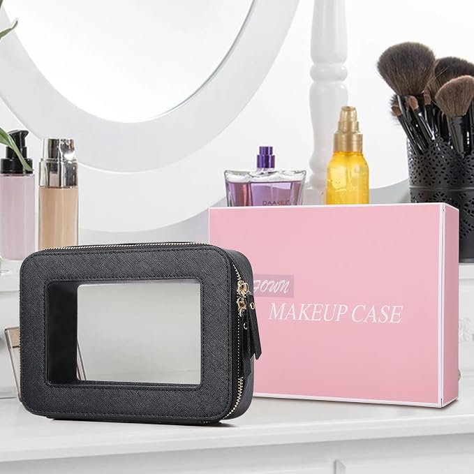 Clear Makeup Bag Women's Waterproof Travel Cosmetic Case and Toiletry Bag Portable Makeup Organizer Bag Car Essential with Zipper (Black, M) - Image 7