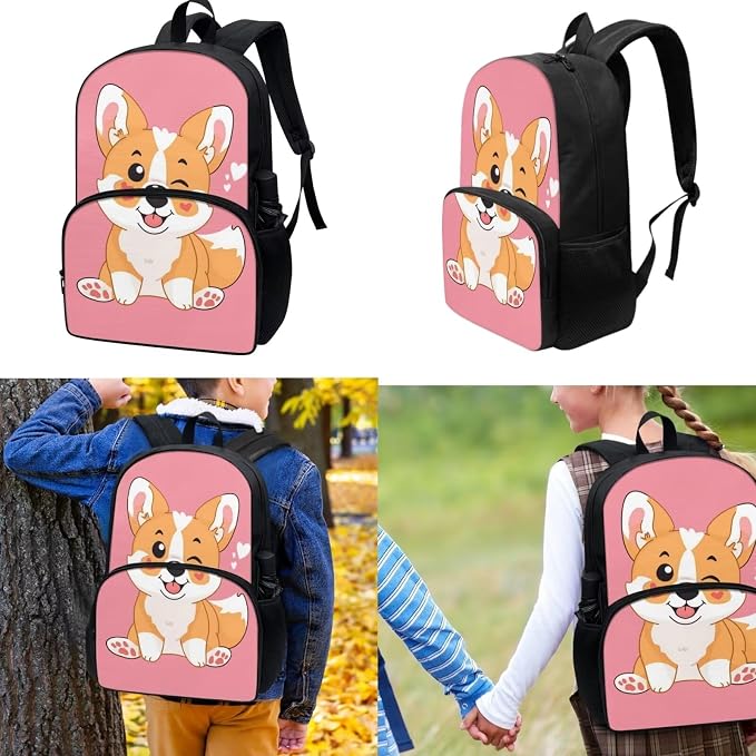 Corgi Backpack with Lunchbox for School Cute Book bags for Girls 10-12 Years Old and Lunch Box Animal Lunch Bag + School Bag + Pencil Case for Elementary Secondary School - Image 3