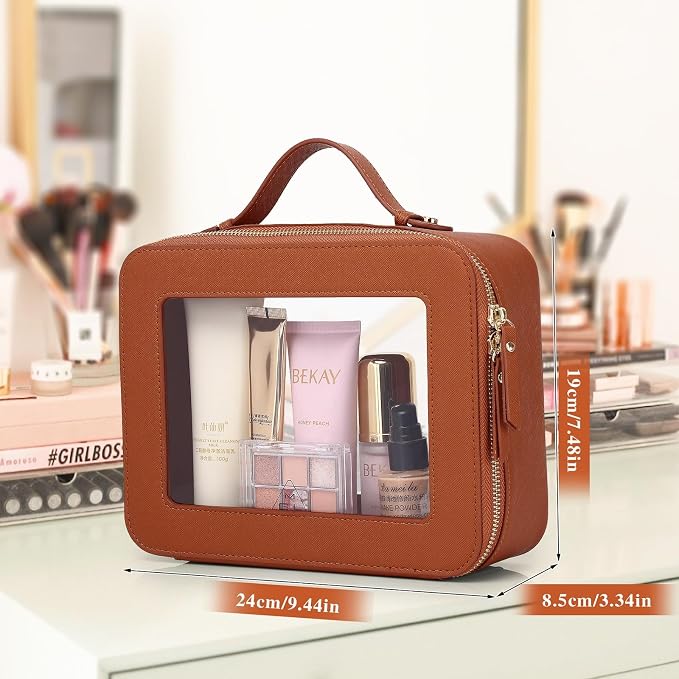 Pinkmik Clear Makeup Bag Waterproof Travel Case for Cosmetics and Toiletries Women's Makeup Organizer and Car Bag with Zipper (X/Brown, L) - Image 3