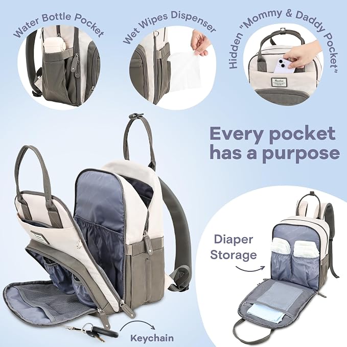 RUVALINO Diaper Bag Backpack-Multifunction Baby Travel Bag with Changing pad, Insulated Bottle Holders & Pacifier Case, Large Capacity, Waterproof, Cream & Taupe - Image 5