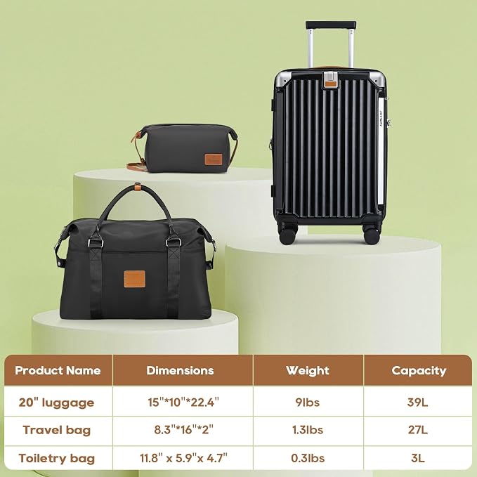 Joyway 20in Carry On Luggage with Cup Holder and USB Port, 25% Expandable Capacity, Smart Suitcase with Anti Slip Wheels and Handbag, Perfect for Men and Women 3 Piece Set Black - Image 5