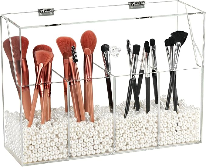 Vevitts Acrylic Makeup Organizer, Clear Cosmetic Brush Storage Box With 4 Brush Holders (Pearl not included),Makeup Brush Holder with Dust Cover, Large-capacity Split Design Organize the Desktop by Vevitts