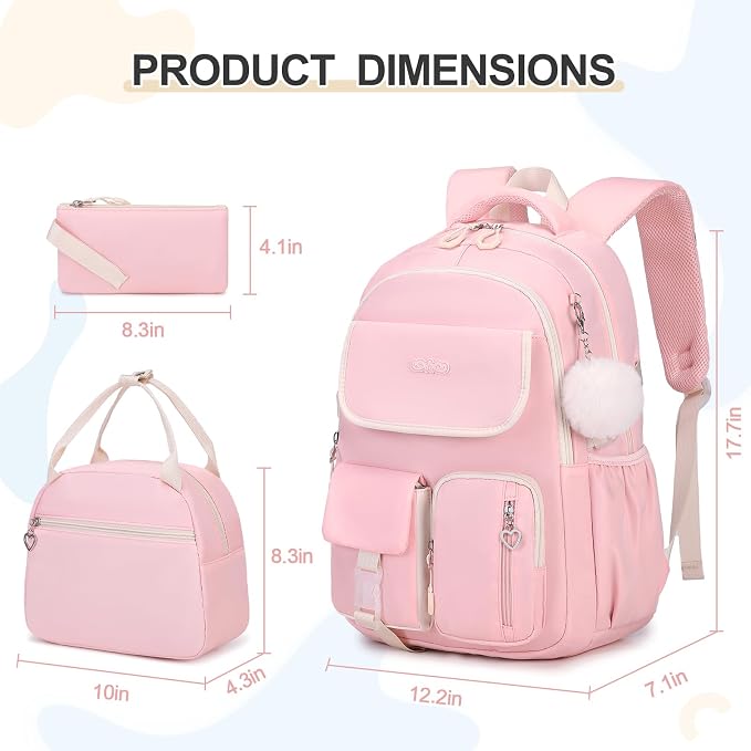 DIGOBAY Backpacks for Girls, 3PCS School Backpack with Lunch Box Pencil Pouch for Teen Girls Kids Elementary Primary Middle High College School Bookbag Set （Pink） - Image 2