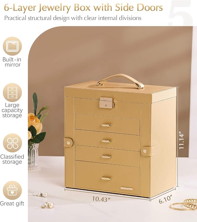 Homde Synthetic Leather Huge Jewelry Box Mirrored Watch Organizer Necklace Ring Earring Storage Lockable Gift Case (Gold) - Image 2