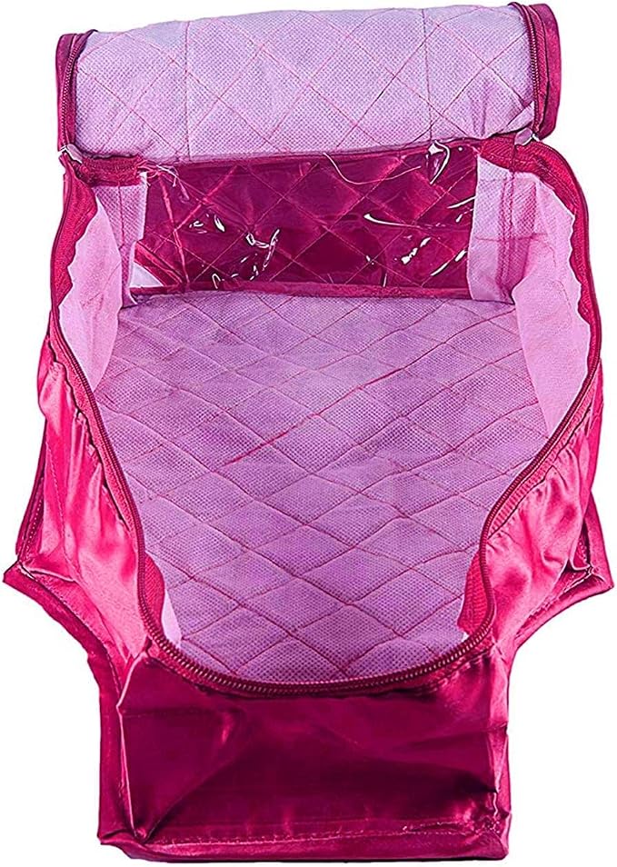 atorakushon Set of 5 Fabric Satin Saree and Blouse Covers Garments Clothes Storage Bag Wardrobe Organizers With Double Zip Lock & Transparent Window (Pink) - Image 7