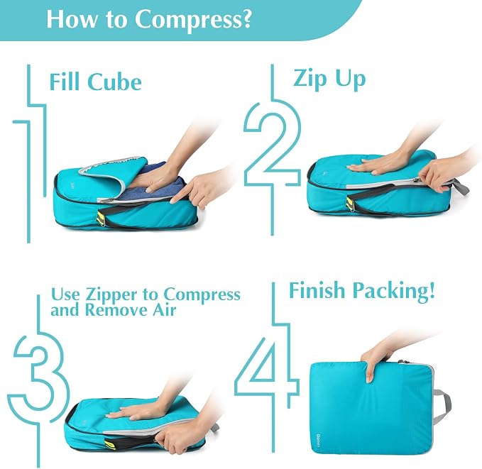 Gonex Compression Packing Cubes, 6pcs Expandable Storage Travel Luggage Bags Organizers with Shoe Bag, Clear Toiletry Bag (Blue) - Image 7